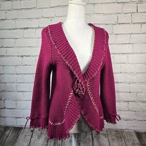 WOMENS RUBY RD CARDIGAN SWEATER RUFFLED EDGES PLUM COLOR ROSSETTE CLOSURE SIZE L